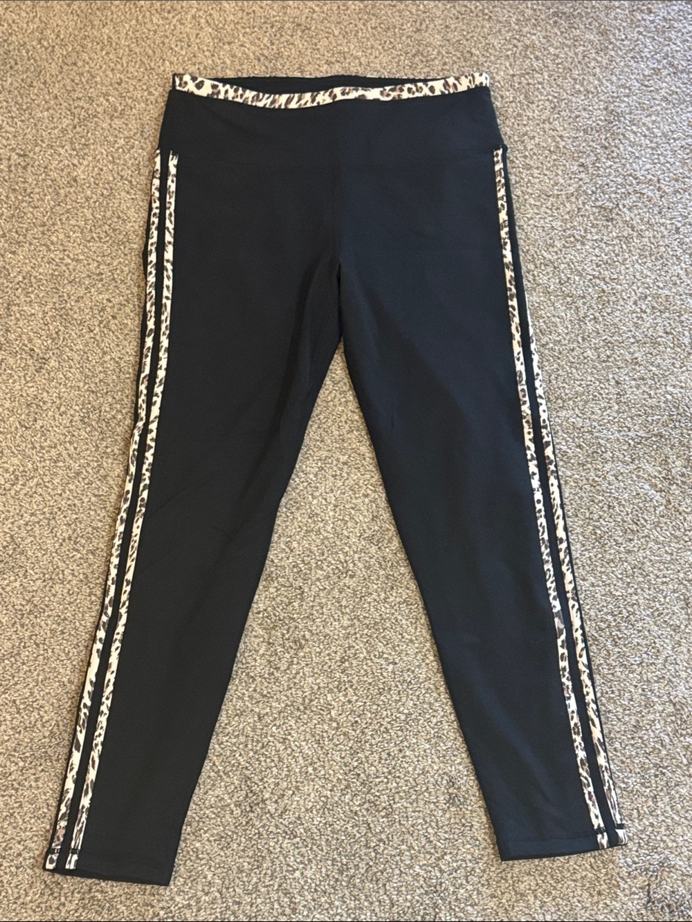 Mono B Black Leggings with Leopard-Trim Waistband and Side Stripes